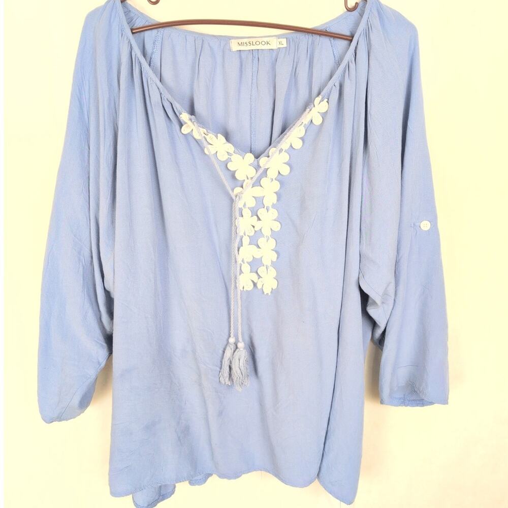 Misslook blue 3D floral top Size XL Boho Peasant Retro Cottagecore Flowy